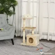 Centru de activitati PawHut cu spatiu pentru zgariat si culcus pentru pisici minge sfoara din sisal plus din lemn bej 50 x 30 x 80cm | Aosom RO 