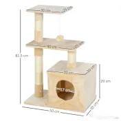 Centru de activitati PawHut cu spatiu pentru zgariat si culcus pentru pisici minge sfoara din sisal plus din lemn bej 50 x 30 x 80cm | Aosom RO 