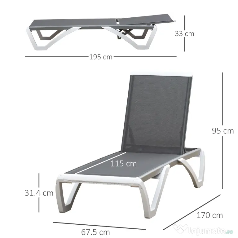 Outsunny Sezlong de Grădină cu Spătar Reglabil pe 5 Niveluri și Roți, Aluminiu și Textilena, Gri și Alb, 195x67.5x33 cm | Aosom Romania
