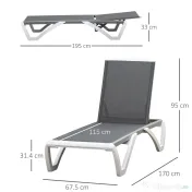 Outsunny Sezlong de Grădină cu Spătar Reglabil pe 5 Niveluri și Roți, Aluminiu și Textilena, Gri și Alb, 195x67.5x33 cm | Aosom Romania