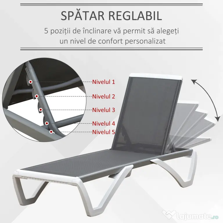Outsunny Sezlong de Grădină cu Spătar Reglabil pe 5 Niveluri și Roți, Aluminiu și Textilena, Gri și Alb, 195x67.5x33 cm | Aosom Romania