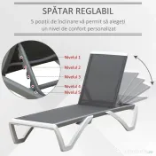Outsunny Sezlong de Grădină cu Spătar Reglabil pe 5 Niveluri și Roți, Aluminiu și Textilena, Gri și Alb, 195x67.5x33 cm | Aosom Romania