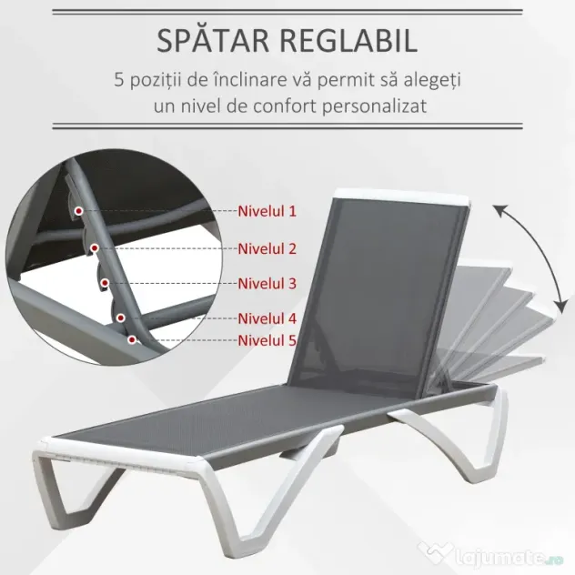 Outsunny Sezlong de Grădină cu Spătar Reglabil pe 5 Niveluri și Roți, Aluminiu și Textilena, Gri și Alb, 195x67.5x33 cm | Aosom Romania