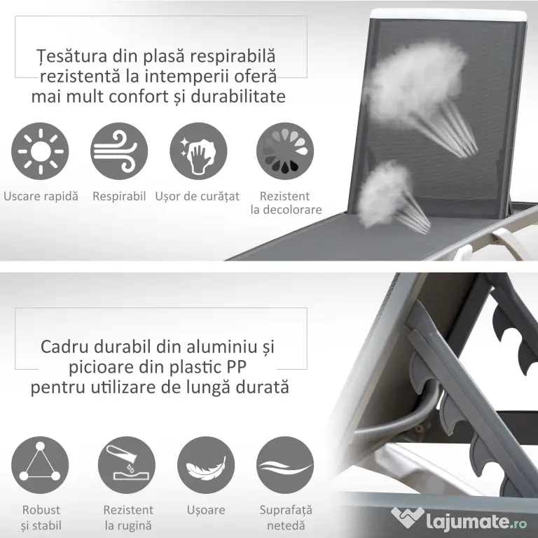 Outsunny Sezlong de Grădină cu Spătar Reglabil pe 5 Niveluri și Roți, Aluminiu și Textilena, Gri și Alb, 195x67.5x33 cm | Aosom Romania