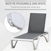 Outsunny Sezlong de Grădină cu Spătar Reglabil pe 5 Niveluri și Roți, Aluminiu și Textilena, Gri și Alb, 195x67.5x33 cm | Aosom Romania