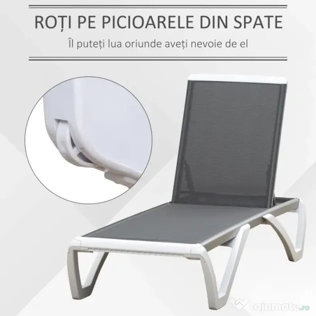 Outsunny Sezlong de Grădină cu Spătar Reglabil pe 5 Niveluri și Roți, Aluminiu și Textilena, Gri și Alb, 195x67.5x33 cm | Aosom Romania