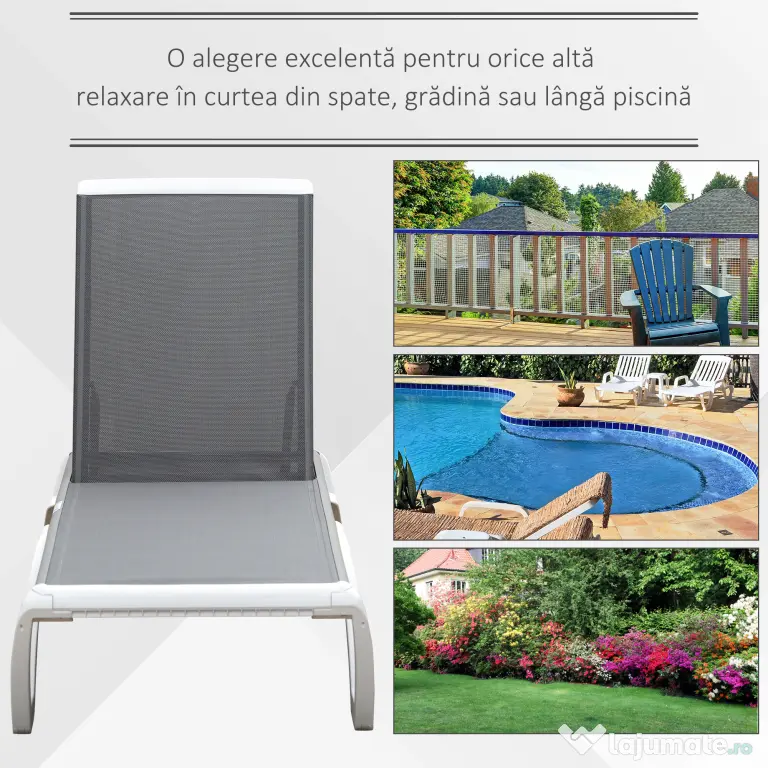 Outsunny Sezlong de Grădină cu Spătar Reglabil pe 5 Niveluri și Roți, Aluminiu și Textilena, Gri și Alb, 195x67.5x33 cm | Aosom Romania