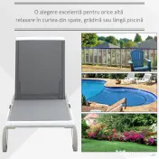 Outsunny Sezlong de Grădină cu Spătar Reglabil pe 5 Niveluri și Roți, Aluminiu și Textilena, Gri și Alb, 195x67.5x33 cm | Aosom Romania