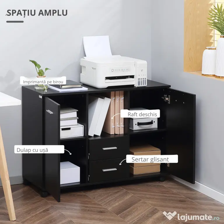 Vinsetto Dulap Mobil pentru Birou, Suport pentru Fax, Scanner, Imprimantă, cu 4 Roti, Design Modern, Negru | Aosom Romania