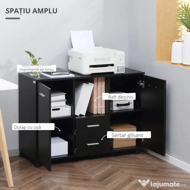 Vinsetto Dulap Mobil pentru Birou, Suport pentru Fax, Scanner, Imprimantă, cu 4 Roti, Design Modern, Negru | Aosom Romania