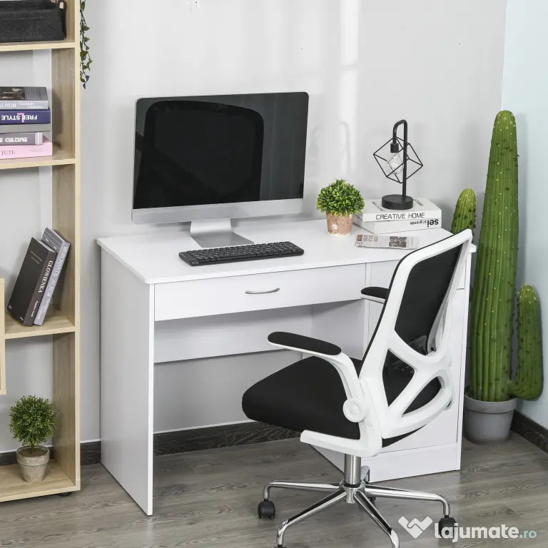 HOMCOM Birou Modern pentru PC si Computer cu 2 Sertare si 1 Dulap pentru Birou sau Camera din Lemn Alb | Aosom Romania