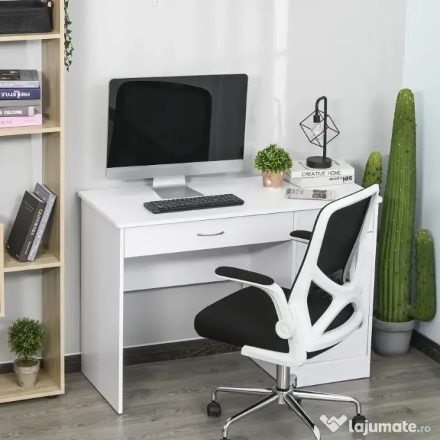 HOMCOM Birou Modern pentru PC si Computer cu 2 Sertare si 1 Dulap pentru Birou sau Camera din Lemn Alb | Aosom Romania