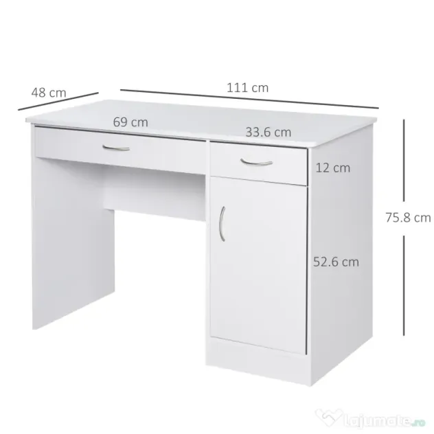 HOMCOM Birou Modern pentru PC si Computer cu 2 Sertare si 1 Dulap pentru Birou sau Camera din Lemn Alb | Aosom Romania