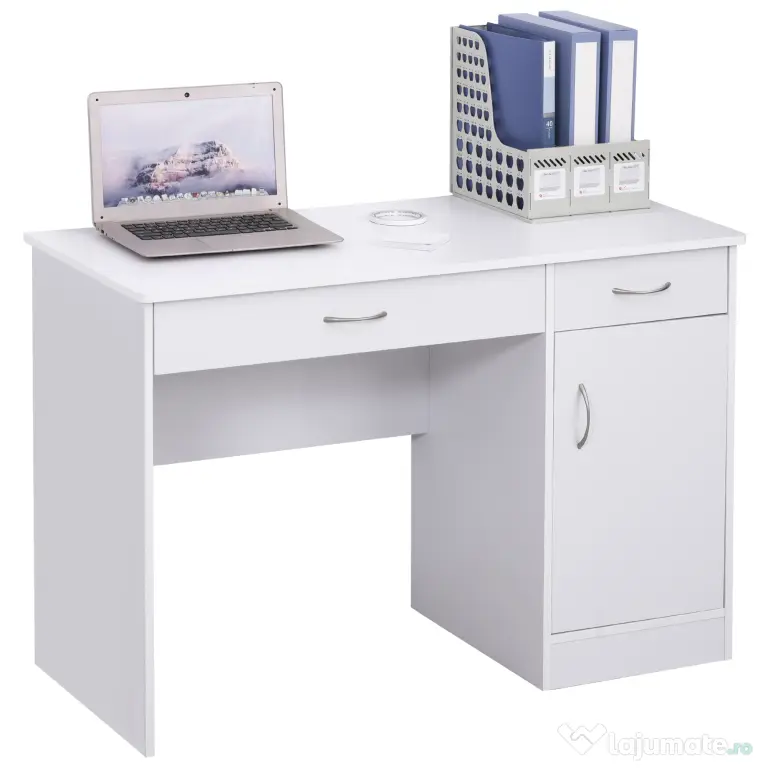 HOMCOM Birou Modern pentru PC si Computer cu 2 Sertare si 1 Dulap pentru Birou sau Camera din Lemn Alb | Aosom Romania