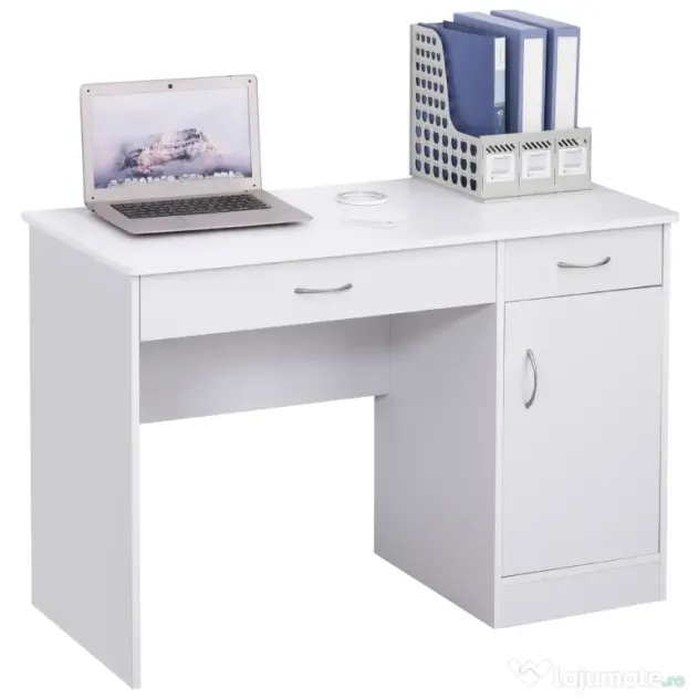 HOMCOM Birou Modern pentru PC si Computer cu 2 Sertare si 1 Dulap pentru Birou sau Camera din Lemn Alb | Aosom Romania