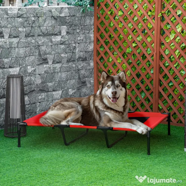 PawHut Pătuț pentru Câini Înălțat cu Geantă de Voiaj și Picioare Antiderapante, 122x92x23 cm, Roșu | Aosom Romania