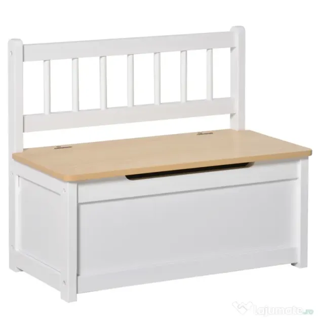 Banca Cutie de Depozitare pentru Copii 2 in 1 din Lemn Mobila camera Copilului Cufar camera 60x30x50cm, Alb/Lemn natural HOMCOM | Aosom Romania