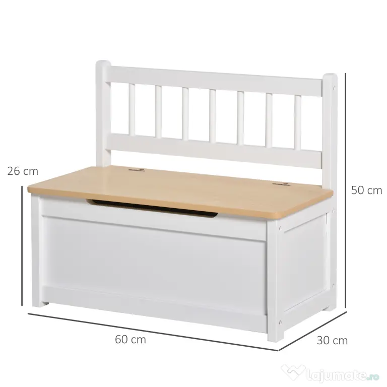 Banca Cutie de Depozitare pentru Copii 2 in 1 din Lemn Mobila camera Copilului Cufar camera 60x30x50cm, Alb/Lemn natural HOMCOM | Aosom Romania