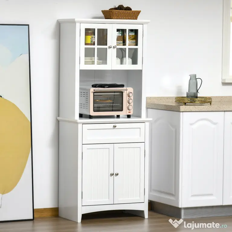 HOMCOM Dulap pentru bucatarie si sufragerie cu 2 compartimente, rafturi reglabile si masa, MDF, 68,6x40x164 cm, alb | Aosom Romania