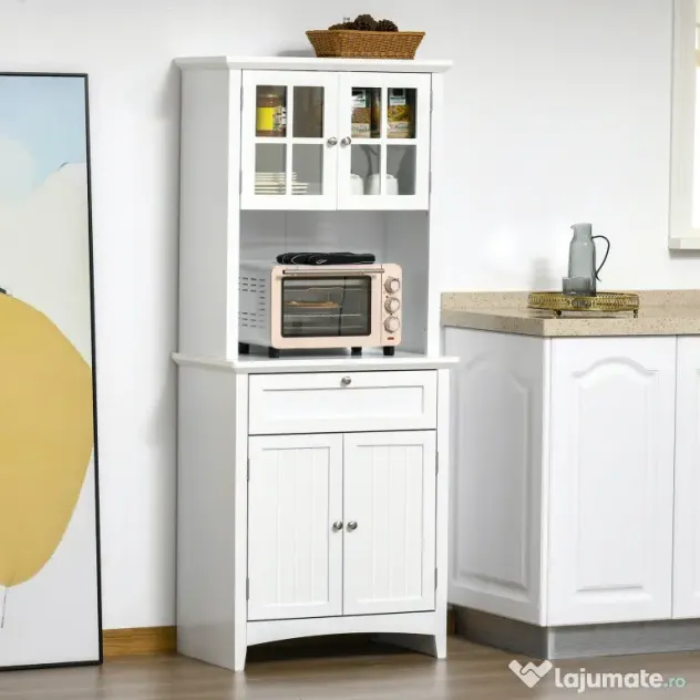 HOMCOM Dulap pentru bucatarie si sufragerie cu 2 compartimente, rafturi reglabile si masa, MDF, 68,6x40x164 cm, alb | Aosom Romania