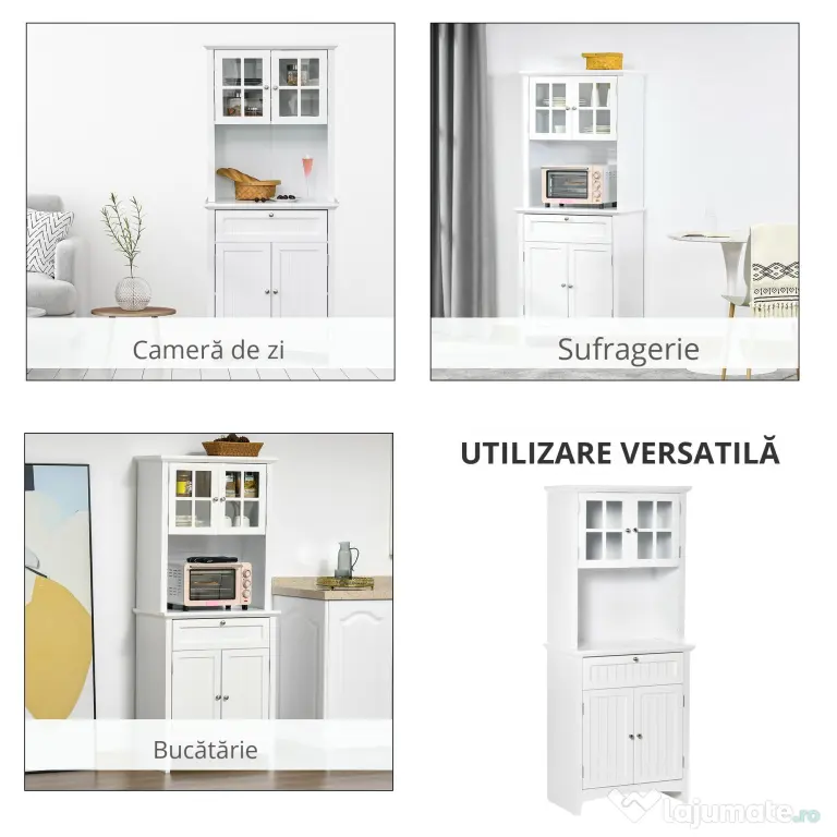 HOMCOM Dulap pentru bucatarie si sufragerie cu 2 compartimente, rafturi reglabile si masa, MDF, 68,6x40x164 cm, alb | Aosom Romania