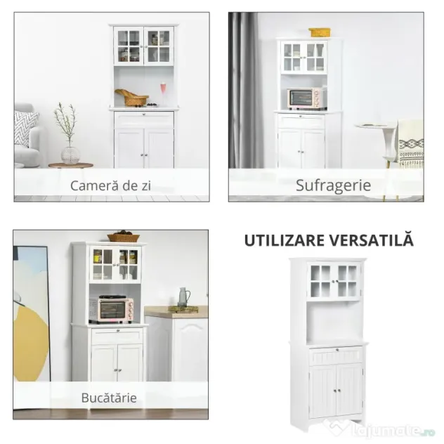 HOMCOM Dulap pentru bucatarie si sufragerie cu 2 compartimente, rafturi reglabile si masa, MDF, 68,6x40x164 cm, alb | Aosom Romania