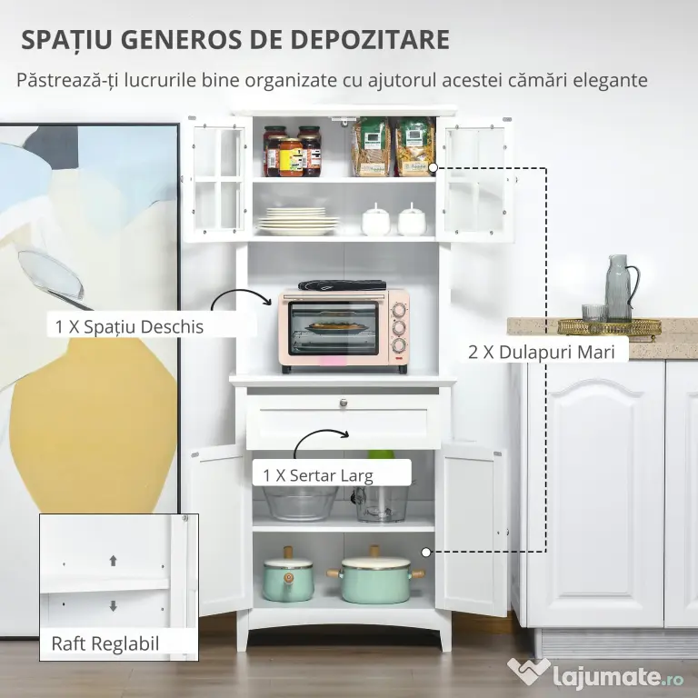 HOMCOM Dulap pentru bucatarie si sufragerie cu 2 compartimente, rafturi reglabile si masa, MDF, 68,6x40x164 cm, alb | Aosom Romania