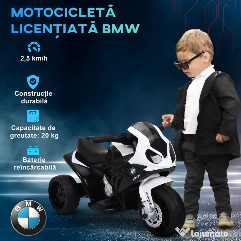 HOMCOM Motocicletă Electrică pentru Copii Licențiată BMW, 3 Roti, Baterie 6V, Alb și Negru | Aosom Romania