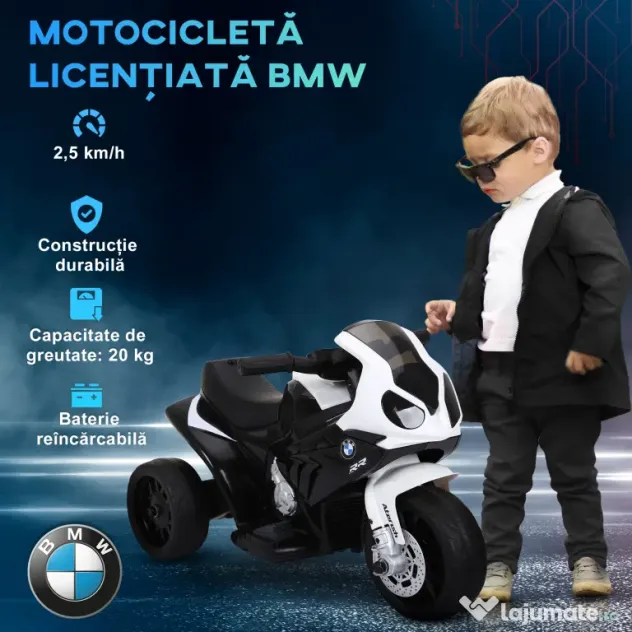 HOMCOM Motocicletă Electrică pentru Copii Licențiată BMW, 3 Roti, Baterie 6V, Alb și Negru | Aosom Romania