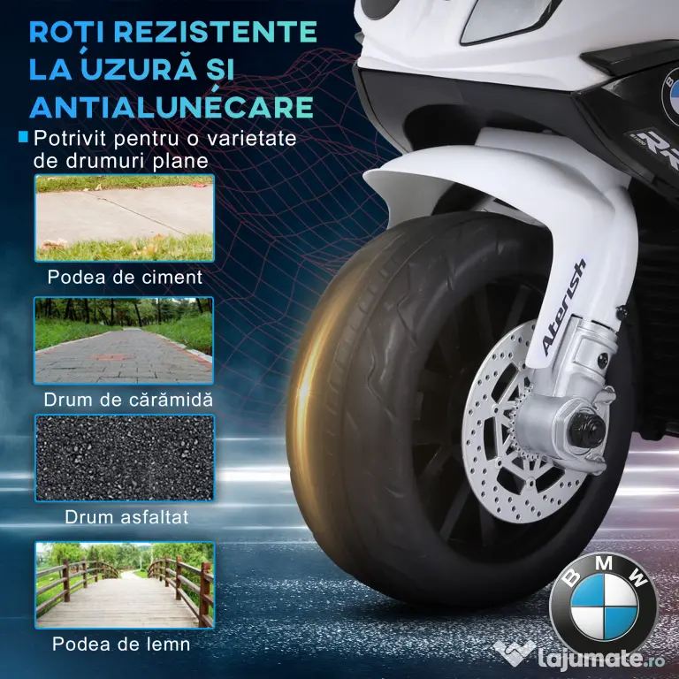 HOMCOM Motocicletă Electrică pentru Copii Licențiată BMW, 3 Roti, Baterie 6V, Alb și Negru | Aosom Romania