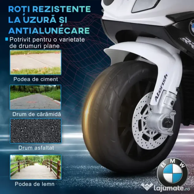 HOMCOM Motocicletă Electrică pentru Copii Licențiată BMW, 3 Roti, Baterie 6V, Alb și Negru | Aosom Romania