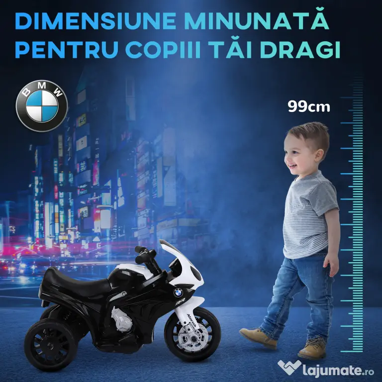 HOMCOM Motocicletă Electrică pentru Copii Licențiată BMW, 3 Roti, Baterie 6V, Alb și Negru | Aosom Romania