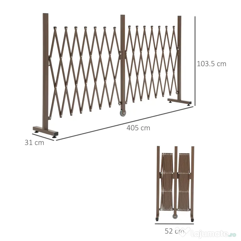 Outsunny Gard Extensibil Autoportant, Grilaj Flexibil din Oțel și Aluminiu, Pliabil, 52-405 cm, Maro Închis