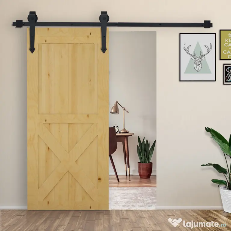 HOMCOM Kit pentru Usa Glisanta Greutate 100kg, Sina pentru Usa Glisanta cu Roti Stil Rustic, Negru
