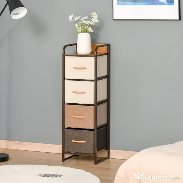 HOMCOM Comodă pentru Dormitor cu 4 Sertare Pliabile, Blat Superior din Lemn și Cadru Metalic 31x29x99 cm Multicolor | Aosom Romania