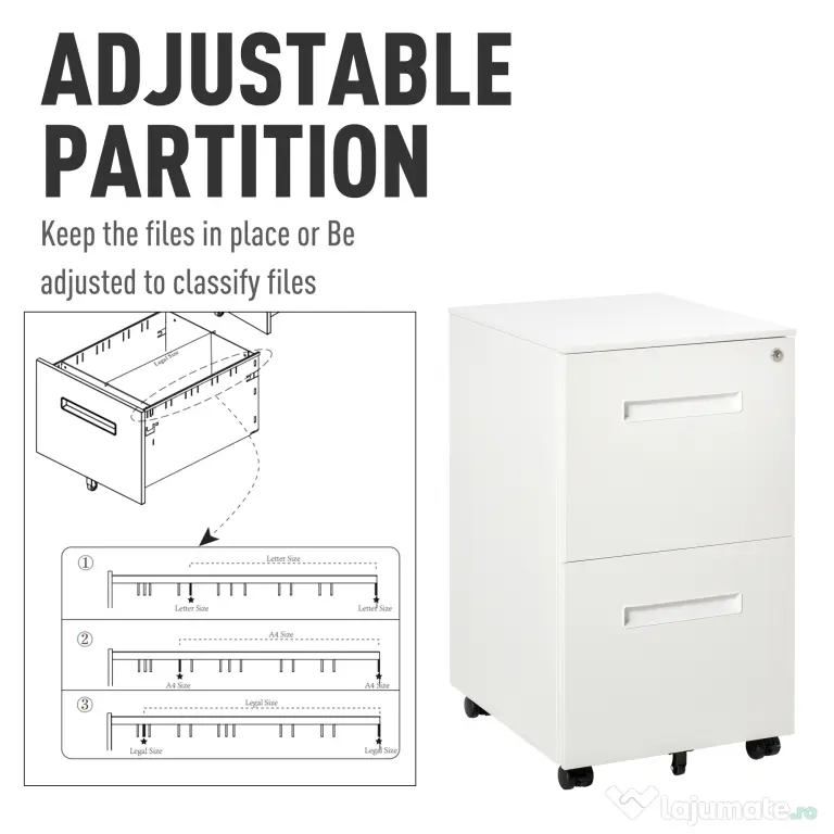 Vinsetto Dulap Birou Mobil, cu sertare, Organizator Documente cu Blocare, Oțel, 39x48x67cm, Alb | Aosom Romania