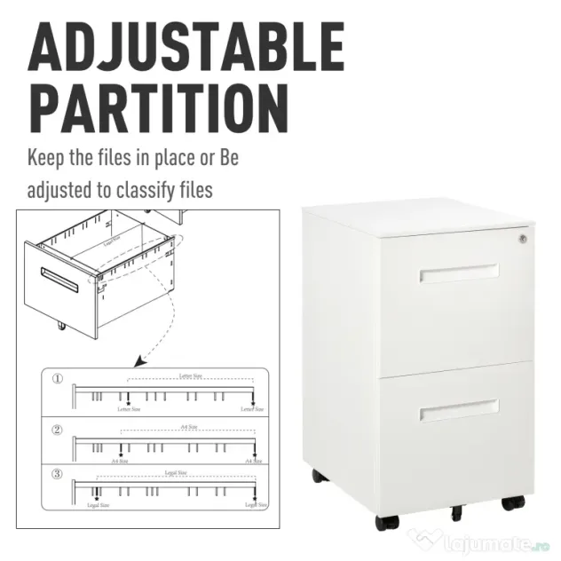 Vinsetto Dulap Birou Mobil, cu sertare, Organizator Documente cu Blocare, Oțel, 39x48x67cm, Alb | Aosom Romania