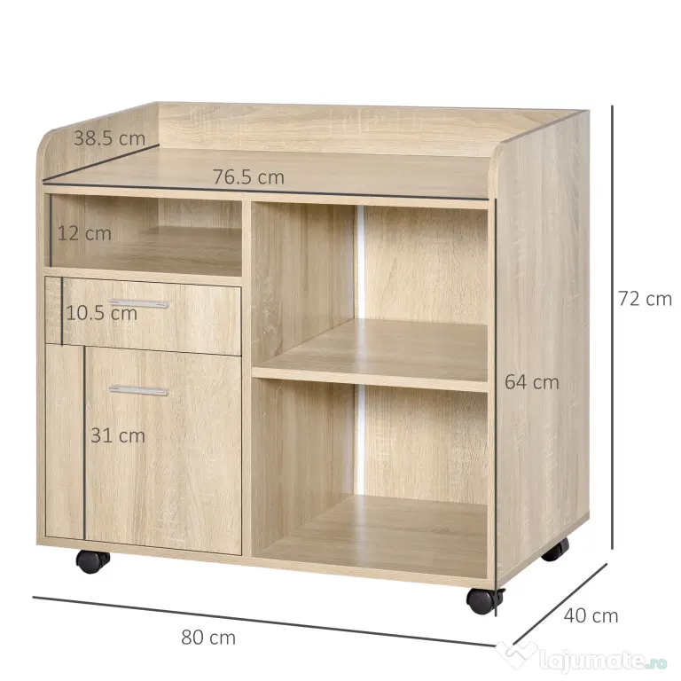 Vinsetto Suport Imprimantă Mobil, Mobilă Birou Multifuncțională, 4 Roți, Stejar, 80x40x72cm | Aosom Romania