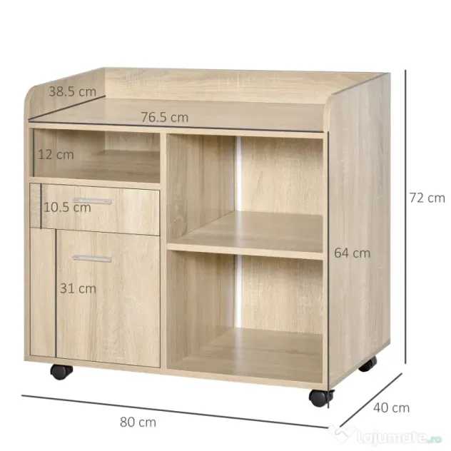 Vinsetto Suport Imprimantă Mobil, Mobilă Birou Multifuncțională, 4 Roți, Stejar, 80x40x72cm | Aosom Romania