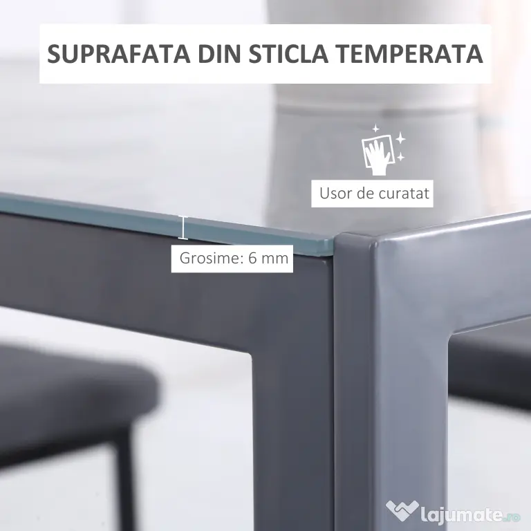 HOMCOM Masă Bucătărie pentru 4 Persoane din Metal și Sticlă Securizată, 75x75x75 cm, Gri | Aosom Romania