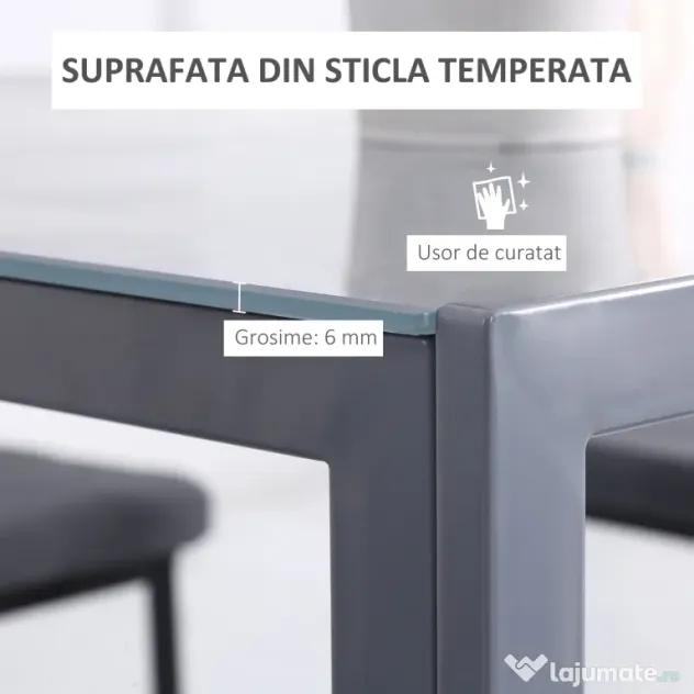 HOMCOM Masă Bucătărie pentru 4 Persoane din Metal și Sticlă Securizată, 75x75x75 cm, Gri | Aosom Romania