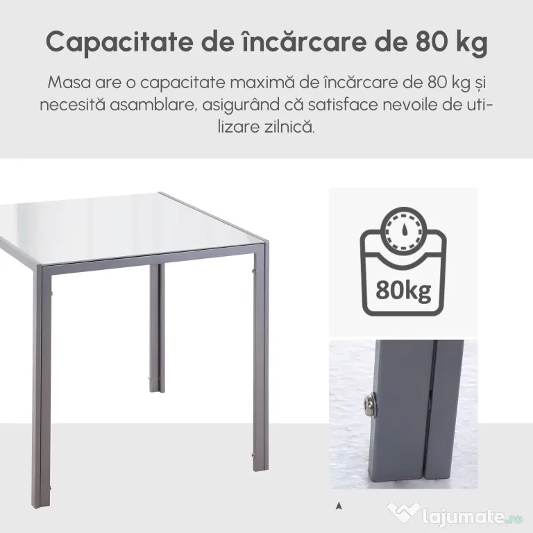 HOMCOM Masă Bucătărie pentru 4 Persoane din Metal și Sticlă Securizată, 75x75x75 cm, Gri | Aosom Romania