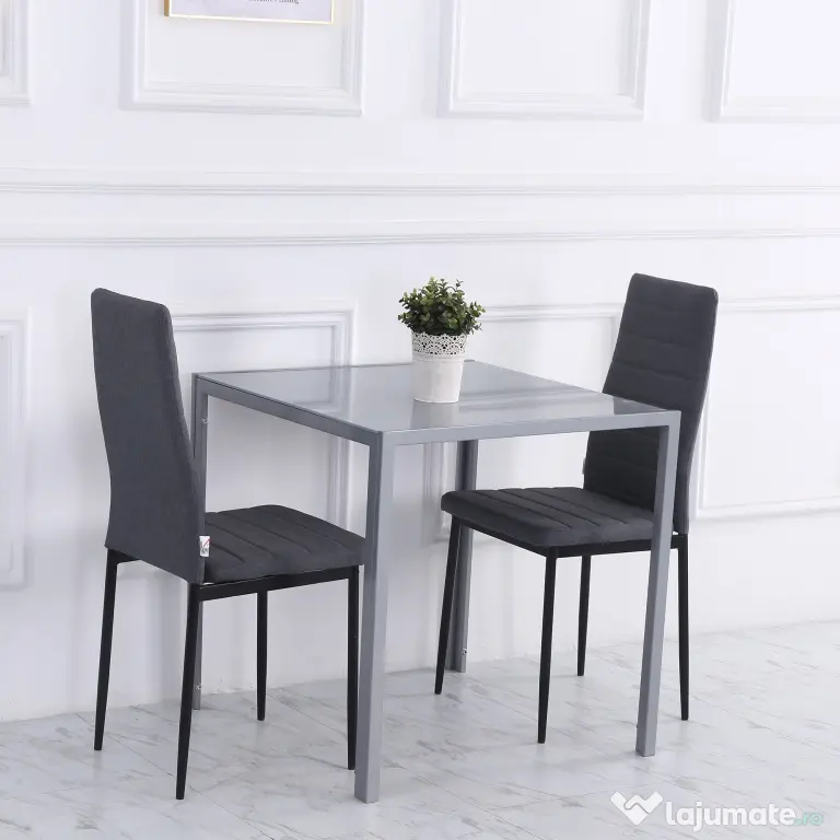 HOMCOM Masă Bucătărie pentru 4 Persoane din Metal și Sticlă Securizată, 75x75x75 cm, Gri | Aosom Romania
