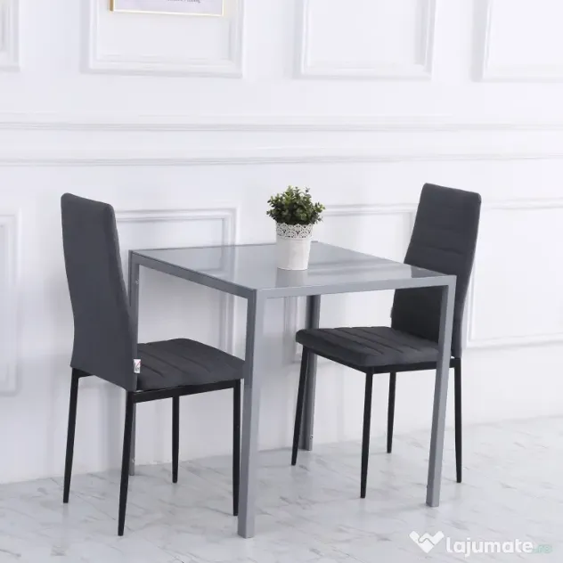 HOMCOM Masă Bucătărie pentru 4 Persoane din Metal și Sticlă Securizată, 75x75x75 cm, Gri | Aosom Romania