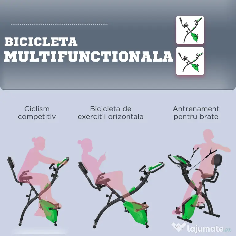 Bicicleta Pliabila 2 în 1, Rezistenta 8 Nivele Elastice pentru Brate si Ecran LCD, 97x51x115cm, Verde HOMCOM | Aosom RO