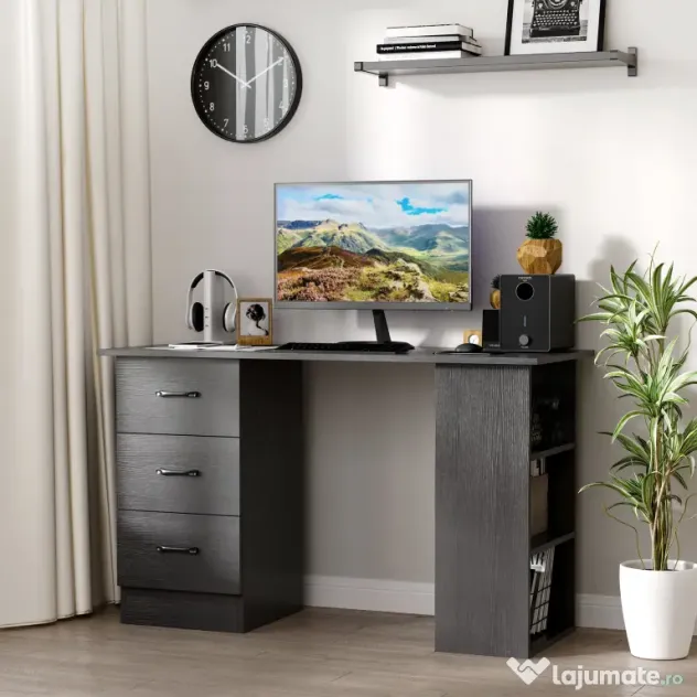 HOMCOM Birou Suport Calculator cu 3 Sertare si 3 Rafturi, Birou pentru Dormitor si Birou 120x49x72cm, Negru