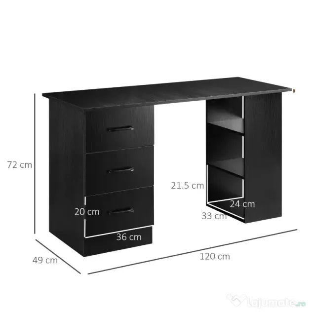 HOMCOM Birou Suport Calculator cu 3 Sertare si 3 Rafturi, Birou pentru Dormitor si Birou 120x49x72cm, Negru