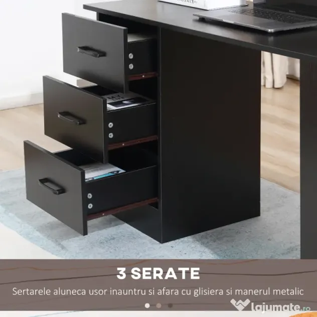 HOMCOM Birou Suport Calculator cu 3 Sertare si 3 Rafturi, Birou pentru Dormitor si Birou 120x49x72cm, Negru