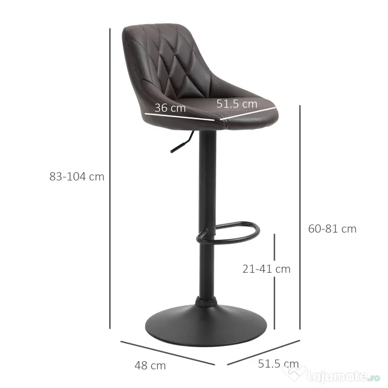 Set 2 scaune de bar HOMCOM, reglabile, imitatie de piele maro | Aosom Romania