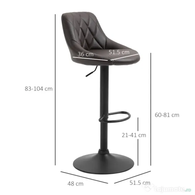 Set 2 scaune de bar HOMCOM, reglabile, imitatie de piele maro | Aosom Romania